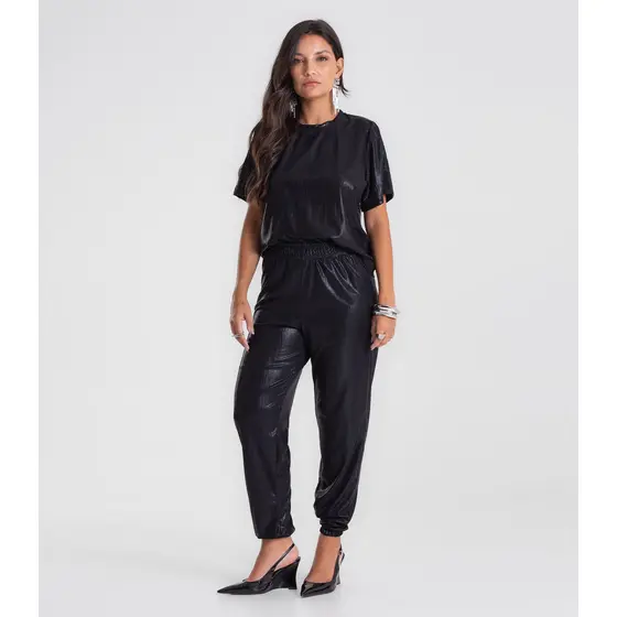 Calça Feminina Aladim em Malha Plissada Dianna Preto