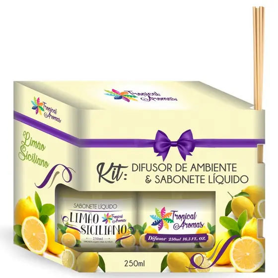 Kit Refil Difusor Aromatizador + Sabonete Líquido Limão Siciliano 250ml Tropical Aromas