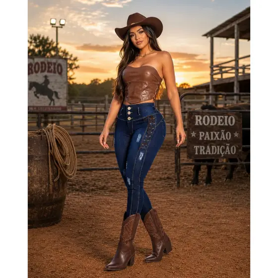 Calça Country Feminina Jeans Detalhes Couro Feminina Rodeio Festa Levanta Bumbum Modeladora