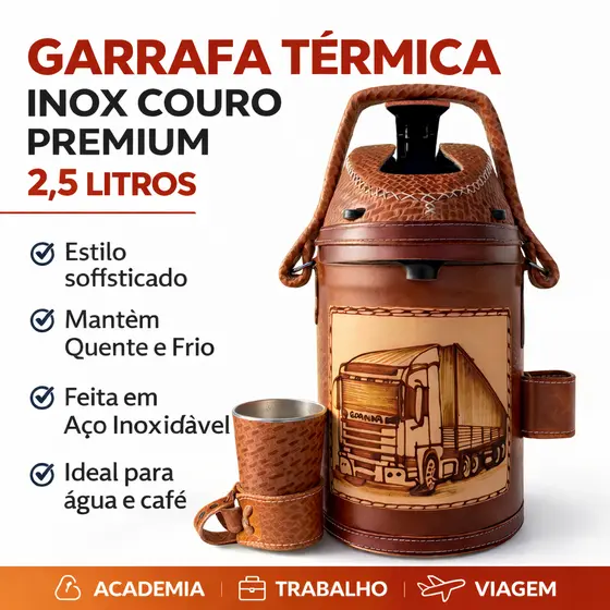 Garrafa Térmica Inox 2,5 Litros Revestida Em Couro legitimo + Copo Tereré