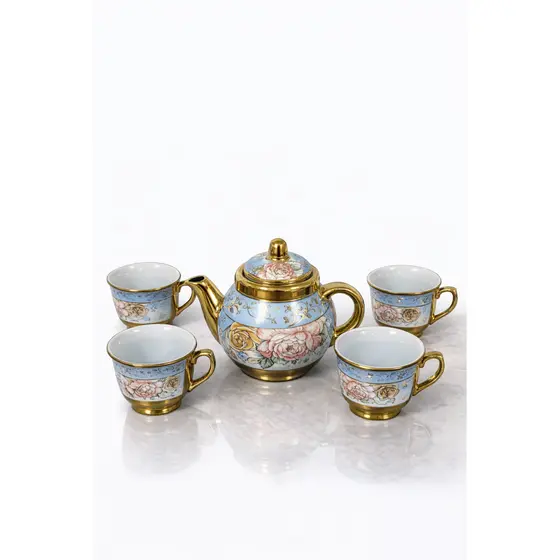 Conjunto de Chá Porcelana com Bule e 4 Xícaras Luxo Kit Café Elegante