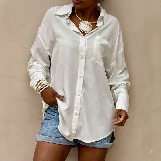 Camisa Feminina De Viscolinho Social Com Botão Manga Longa Viscose Linho Com Bolso