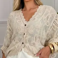 Cardigã Femino Kimono Estampado de Crochê Botão Mk503#