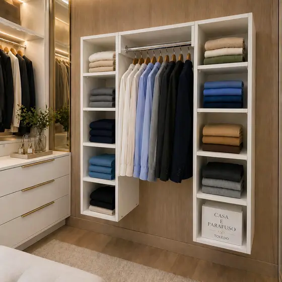 Closet Com Estantes Laterais e Cabideiro – Organização e Praticidade para seu Quarto- 88