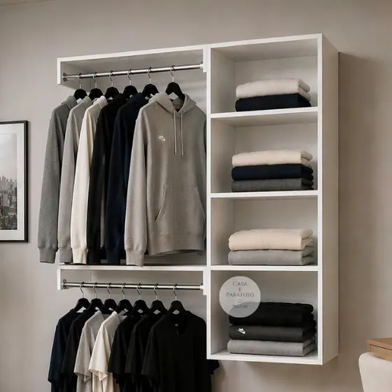 Cabideiro de Parede Branco MDF Arara Suspensa Closet Aberto  – Compacto e Elegante 67