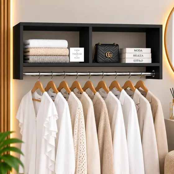 Kit 4 Cabideiros de Parede com Nicho 100cm Guarda Roupa Closet Organizador- 64