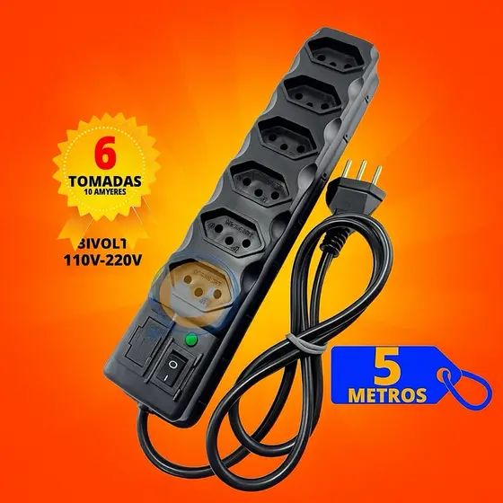 Filtro de Linha Cabo PP Tomadas 3 e 5 Metros Fusível Chave E Led 10A 110 / 220 V Bivolt