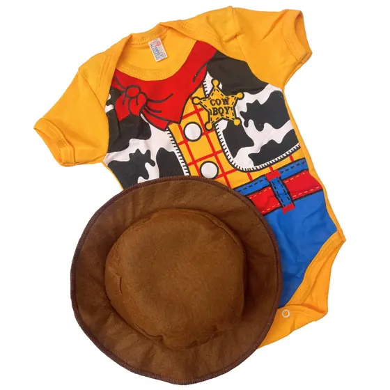 Body e banho de sol de Bebê Temático Menino Woody+Chapéu Promoção (Escolha o seu)