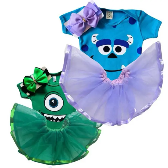 Body Bebê Temático Mesversário Personagem monstros s.a Personagem+Laço+tule