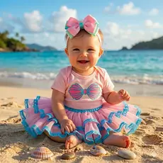 Body bebê Mesversário Menina Pequena Sereia+Tule+Laço+Tiara (escolha)