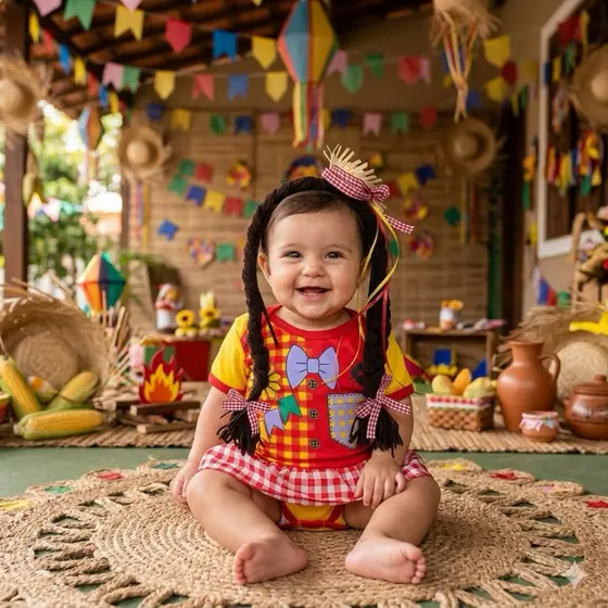 Body Bebê Temático Mesversário Festa Junina+Laço Luxo+ Tule Luxo ou Chapéu