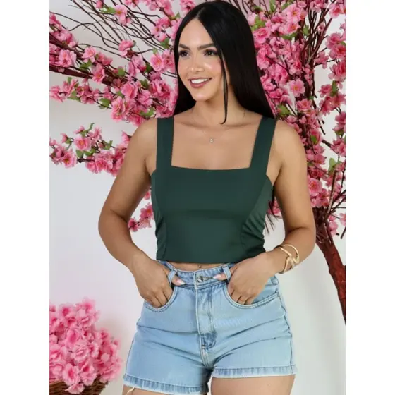 Cropped Top Suplex com Elastano Decote Quadrado Alças Grossa Feminino Slim Fit Duplo Tecido