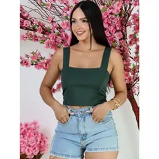 Cropped Top Suplex com Elastano Decote Quadrado Alças Grossa Feminino Slim Fit Duplo Tecido