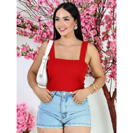 Cropped Top Bubble Texturizado Decote Quadrado Alças Grossa Feminino Slim Fit