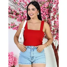 Cropped Top Bubble Texturizado Decote Quadrado Alças Grossa Feminino Slim Fit