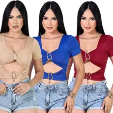 KIT com 3 Blusa Cropped Fivela Dupla Suplex Tamanho Único Moda Gringa Verão