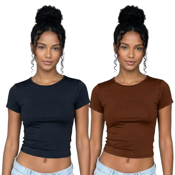 Kit Com 02 T-shirt Baby Tee Feminina Lisa Malha Romantic Não Amassa Blusa Premium
