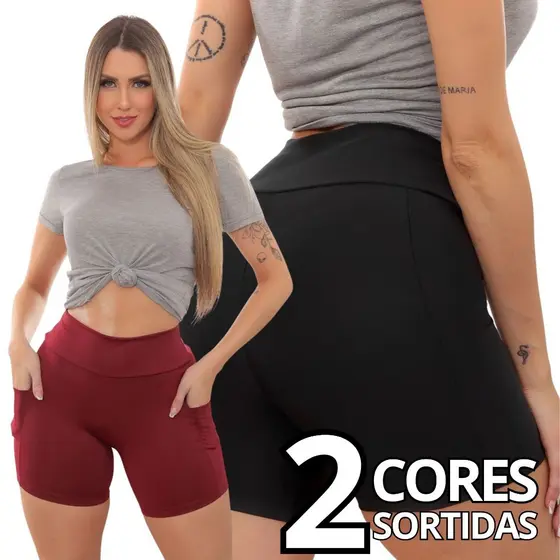 KIT 2 Shorts Legging Academia com Bolsos Tecido Suplex Alta Qualidade Cós Alto