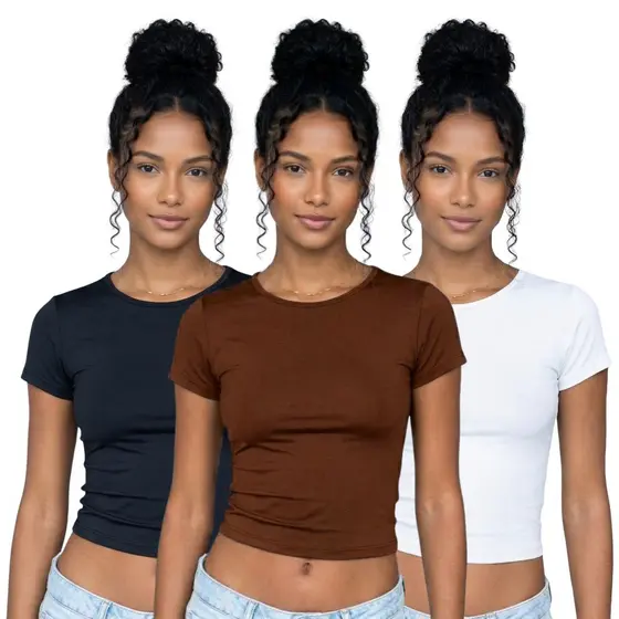 KIT Com 03 T-shirt Baby Tee Feminina Lisa Malha Romantic Não Amassa Blusa Premium