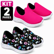Kit 2 Pares Tênis Infantil Menina Calce Fácil Escolar Casual Confortável Antiderrapante Unicórnio
