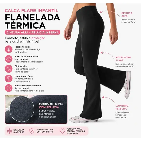 Calça Flare Infantil Flanelada Térmica Cintura Alta Pelúcia oi