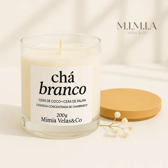 Vela Aromática Chá Branco Perfumada Grande Cera de Coco 100% Vegetal 200g Com Tampa de Bambu