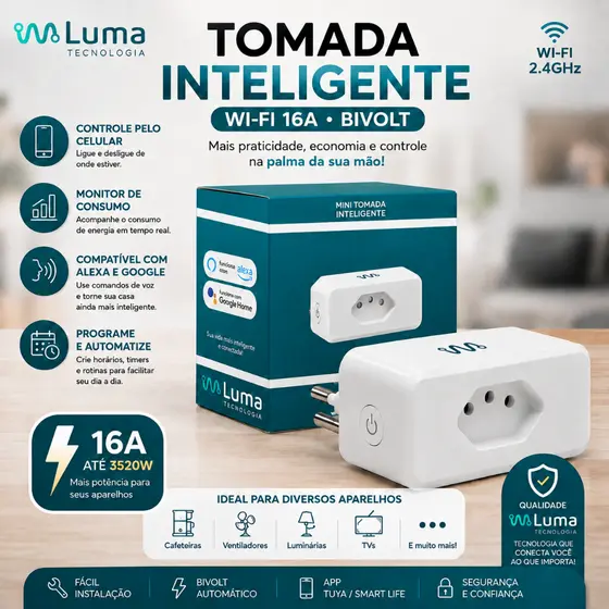 Tomada Inteligente Smart Wi-Fi 16A Branca Bivolt Alexa Tuya Medidor de Consumo