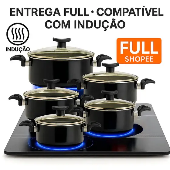Kit de Panelas Para Indução FULL Shopee | Antiaderente Premium | Entrega Rápida | Tampa de Vidro