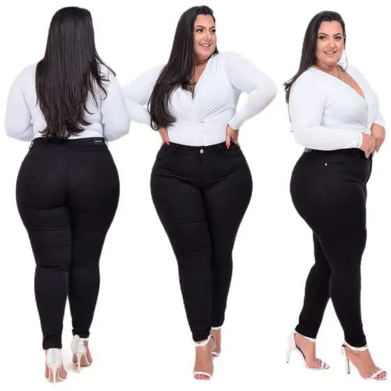 Calça Jeans Preta Feminina Plus Size Cintura Alta Com Lycra Elastano Premium efeito Empina Bumbum