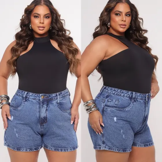 Shorts Plus Size Feminino Jeans Cintura Alta 100% Algodão Short Levanta e Empina Bumbum
