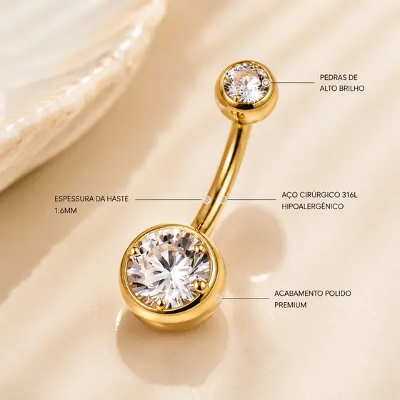 Piercing de Umbigo Strass Feminino em Aço com Zircônia Prata Dourado Preto