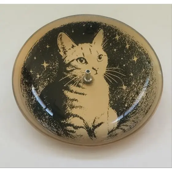 Incensário em Vidro Redondo 13cm Diâmetro Estampa Gato nas Cores Preto e Dourado