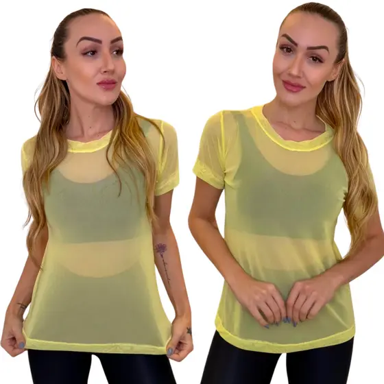 Blusa Feminina Tule Academia Treino Fitness Camiseta Transparente