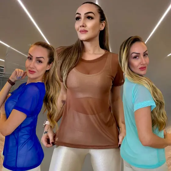 Blusa Feminina Tulê Fitness Academia Transparente Dry Fit Treino