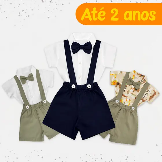 Conjunto Infantil Social Camisa + Bermuda com Suspensório + Gravata Borboleta Bebê até 2 anos