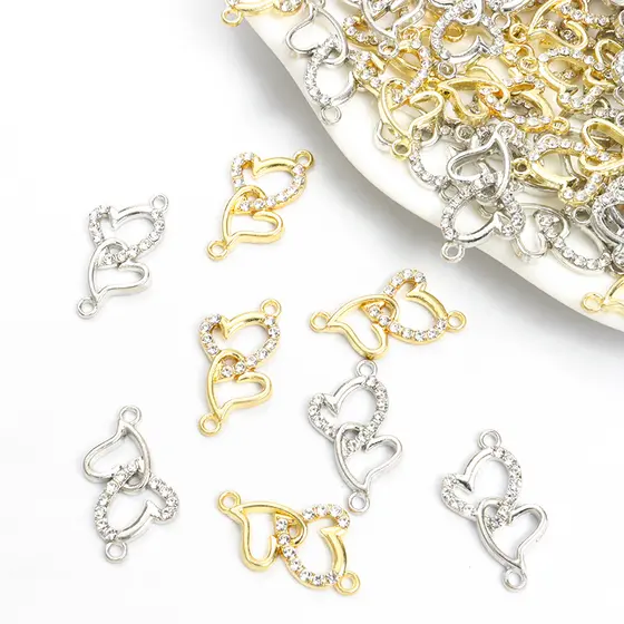 10pcs Conectores De Cristal Rhinestone Duplos Em Forma De Coração Casal Romântico