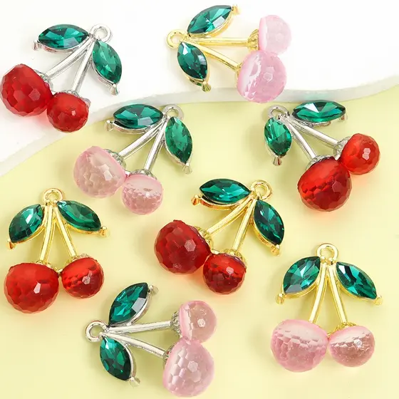 10 Peças Amuletos De Cereja Rosa E Vermelha Doce Com Strass Verde , Colar Vibrante Atraente , Brincos , Chaveiro , Corre