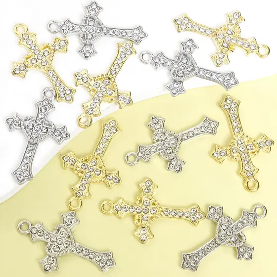 10pcs Exquisite Elegant Heart Cross Charms , Sparkling Rhinestones Decor Christian