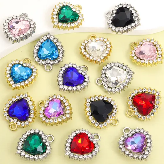 10 Peças Amuletos De Coração De Pêssego Estilo Princesa Doce Com Strass De Vidro De 8 Cores , Colar Pulseira Brincos Faç