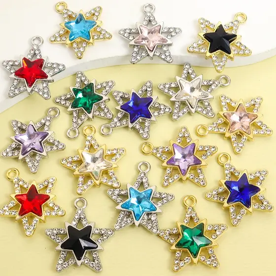 10 Peças Pingentes De Pentagrama Oco Com Incrustação De Strass De 8 Cores-Pingente Delicado De Estrela Dupla Para DIY Ch
