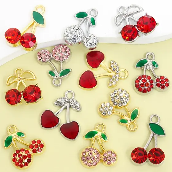 10 Peças Amuletos De Cereja Vermelha Doce Brilhante Com Incrustações De Strass De Vidro , 6 Estilos Delicados Pingentes