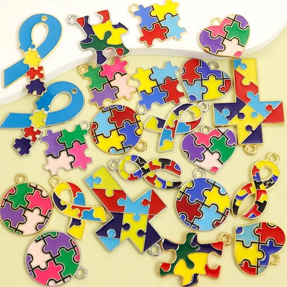 10 Peças Amuletos De Liga Com Tema De Autismo De Óleo De Gotejamento Colorido Criativo-Quebra-Cabeça/Coração/Redondo/Fit