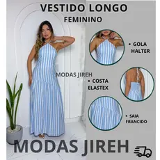 Vestido Longo Feminino Viscolino  Listrado Gola Halter Elegante Acinturado Casual Festa Moda Feminina