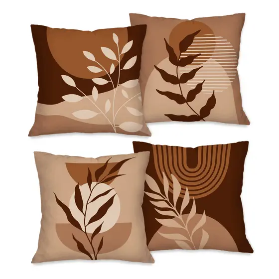 Kit com 4 Capas para Almofada Decorativas 45X45 cm Home Folhas Brown