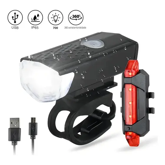 Kit Lanterna E Farol Bike Luz Ultra Led Prova D'agua Recarregavel Fluoreled