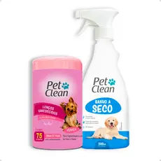 Kit Banho a Seco Sem Enxágue + Lenço Umedecido para Cachorro e Gato Pet Clean