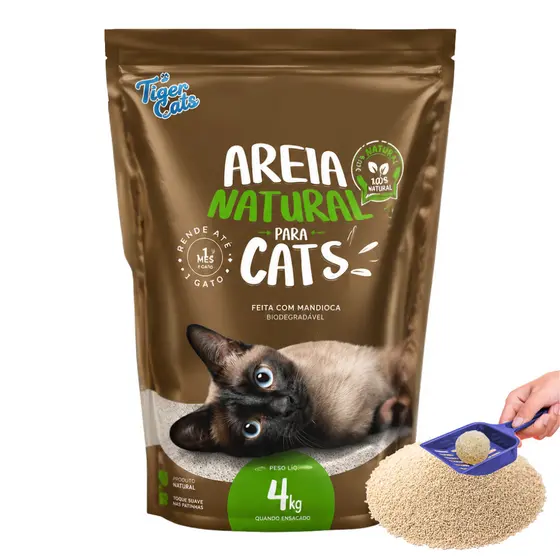 Areia Sanitária Higiênica para Gatos Natural 100% Mandioca Biodegradável Tiger Cats 4kg Natural