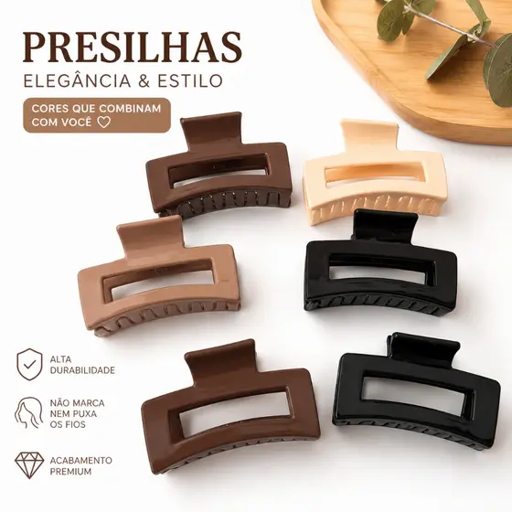 Presilha De Cabelo Garra Feminina Retangular Luxo 6cm Alta Fixação Premium