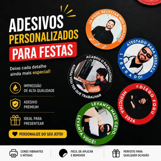 Adesivos Personalizados para Formatura, Festas, Casamentos com Foto Curso Personalizado