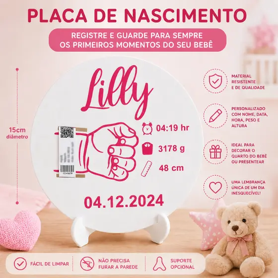 Placa de Nascimento Personalizada Bebê Maternidade Com Dados do Nascimento Maternidade
